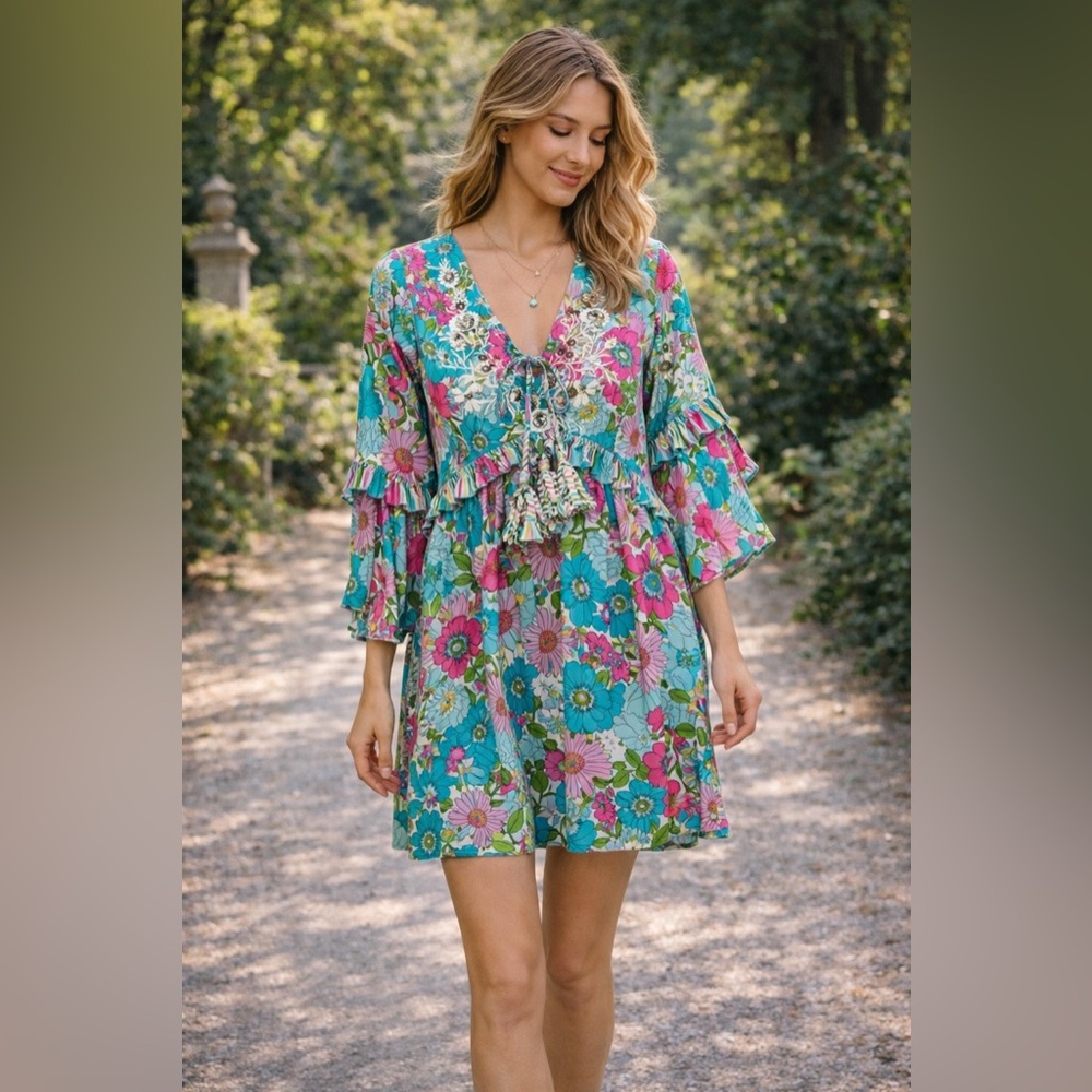 Miss June Paris Floral Boho Mini Dress –Embroidered Festival, Tassel Tie,
M